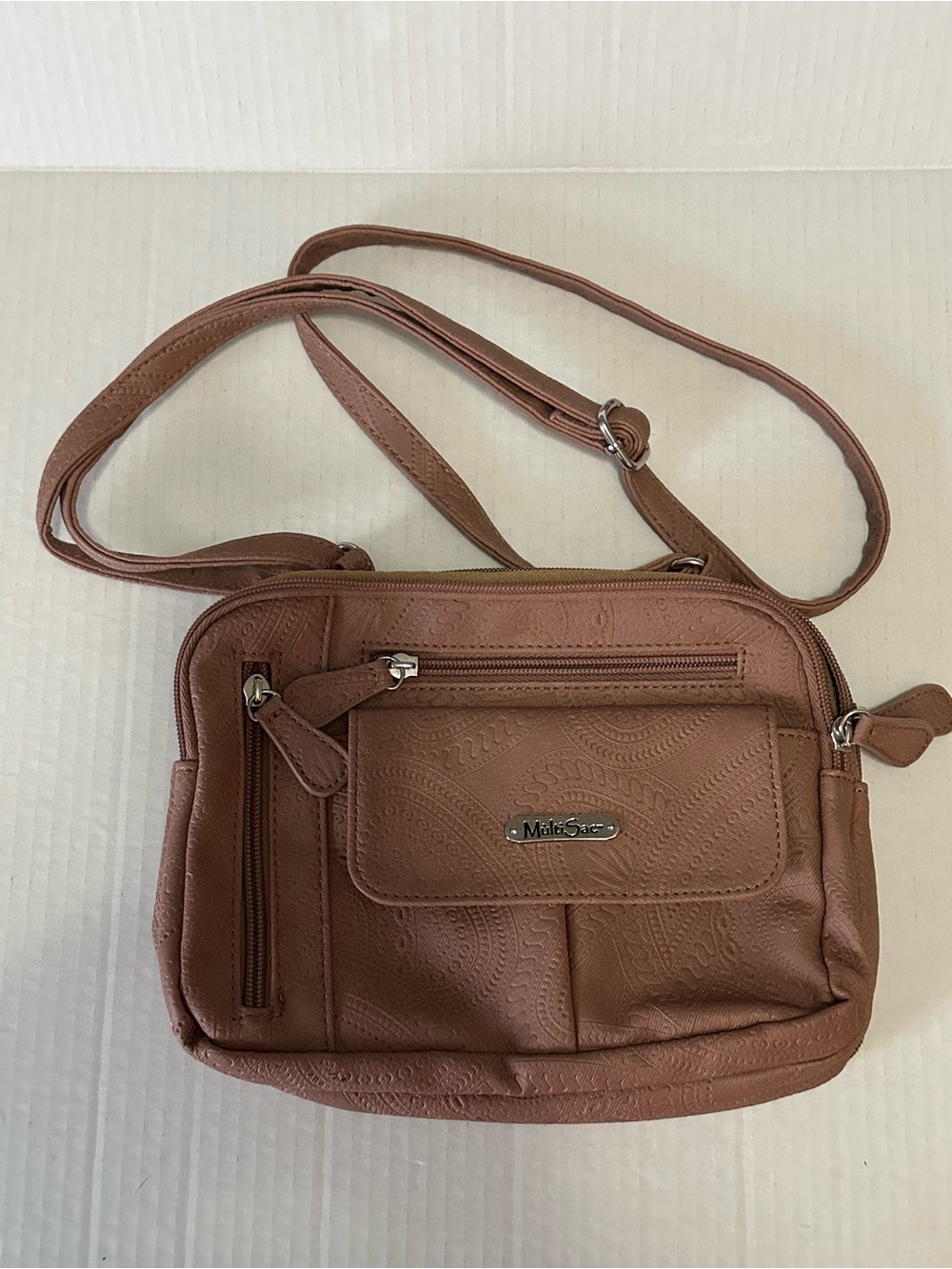 MultiSac Crossbody Bag Womens Mauve Brown Paisley Embossed Multi Pocket Purse